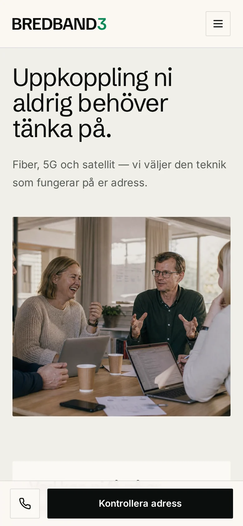 Bredband3 startsida i mobilvy