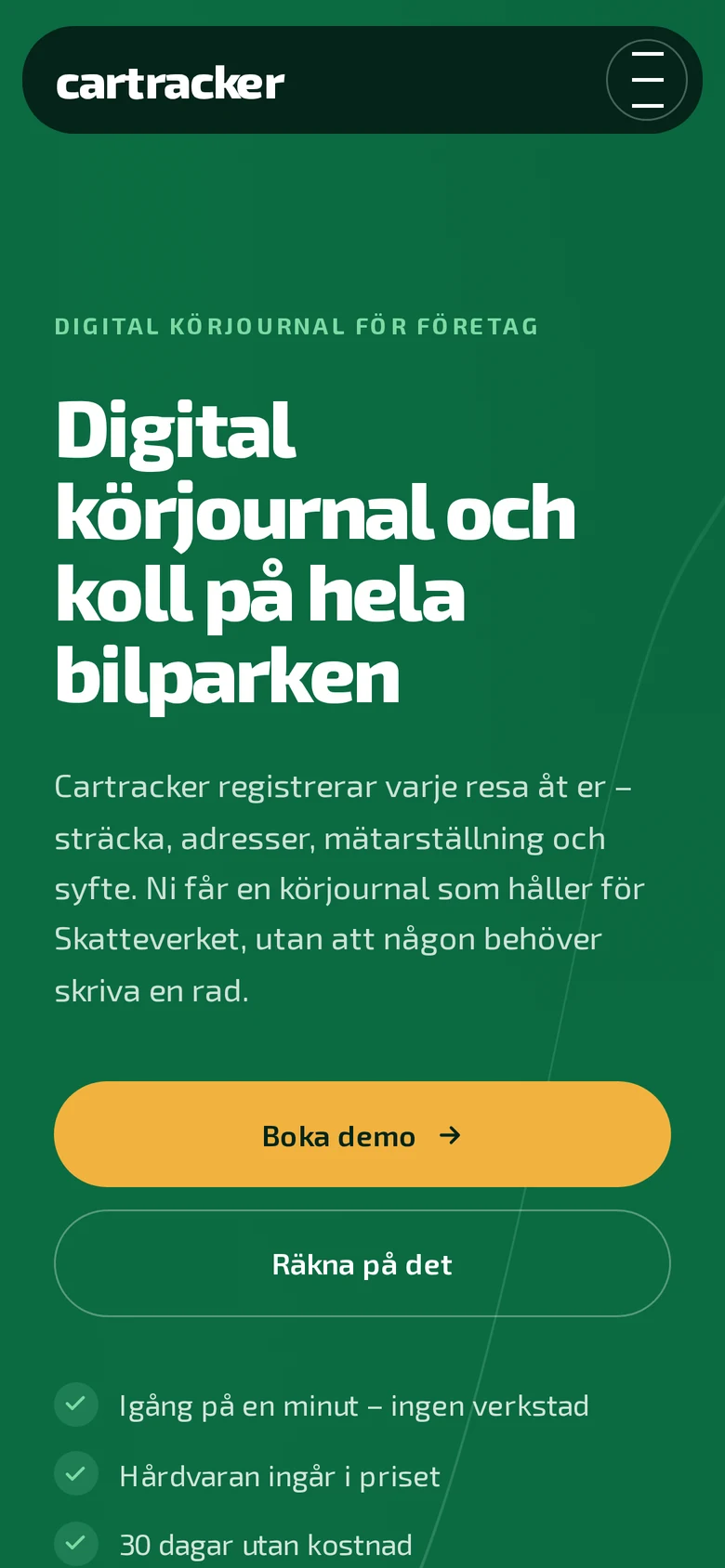 Cartrackers startsida i mobilvy