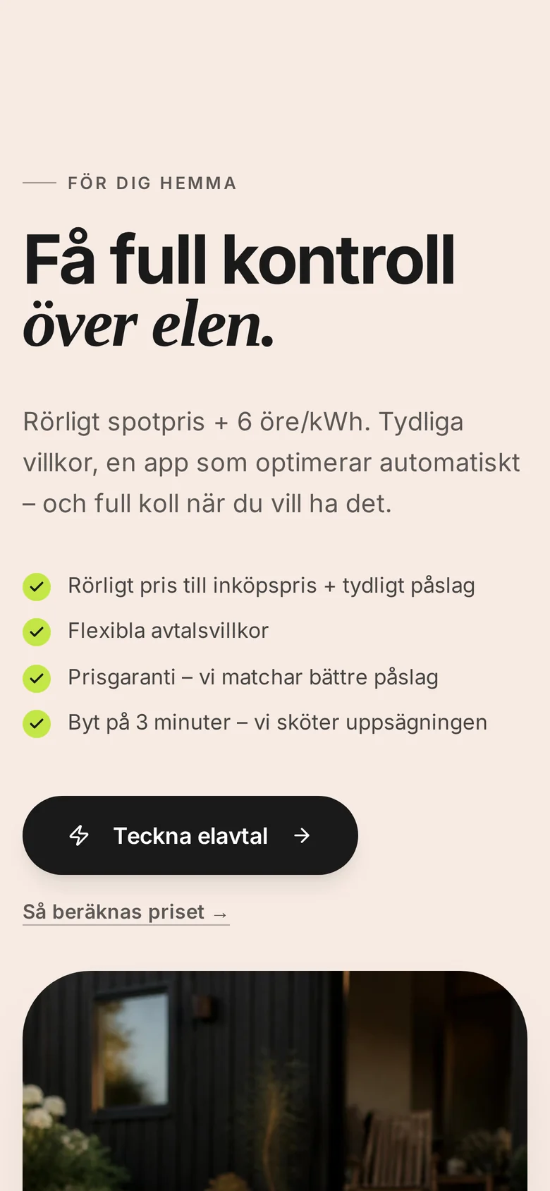 Elerys startsida i mobilvy