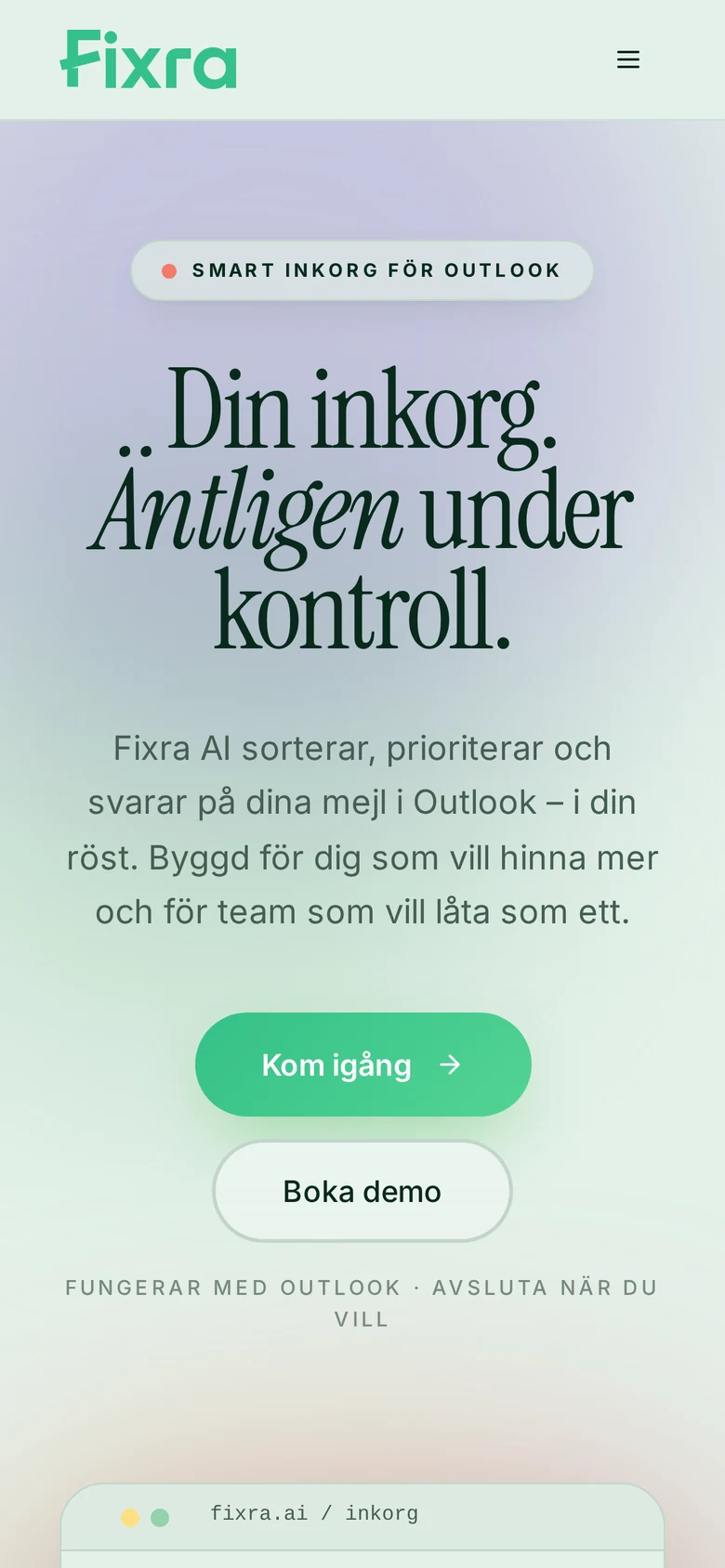 Fixra AI:s startsida i mobilvy
