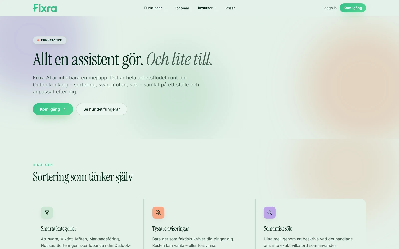 Fixra AI:s funktionssida med smarta kategorier och semantisk sök
