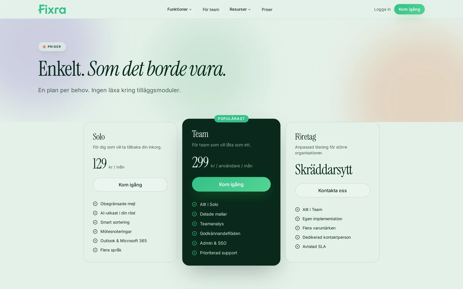 Fixra AI:s prissida med planerna Solo, Team och Företag
