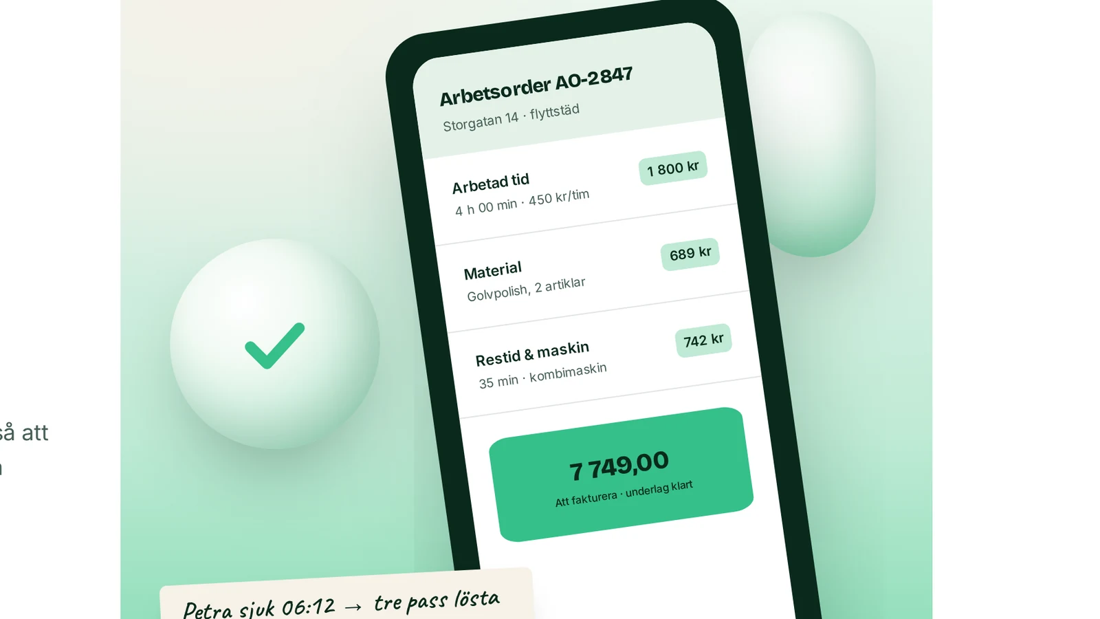 Närbild på Fixras produktvy med arbetsorder, schema och tid