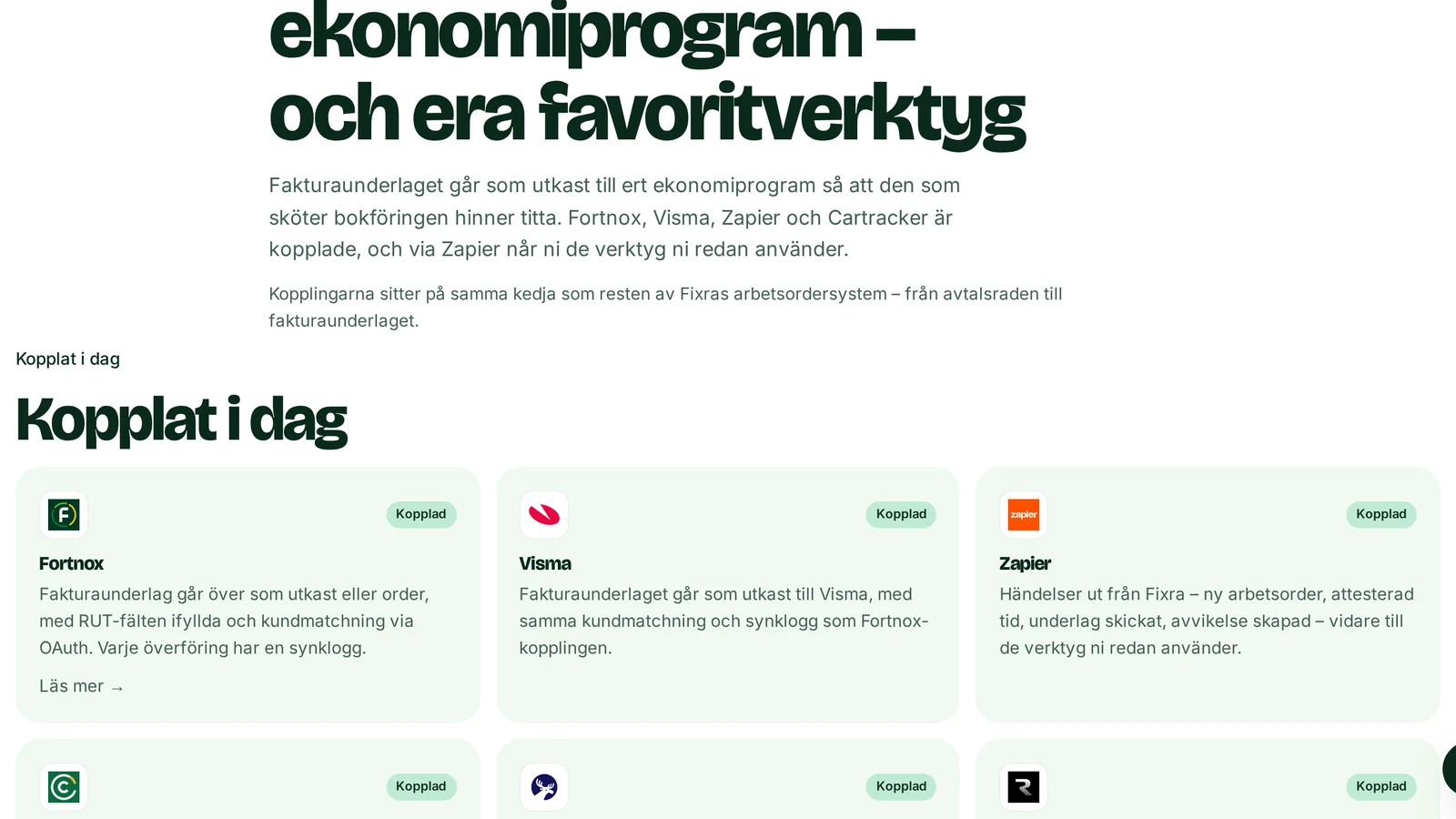 Närbild på Fixras integrationssida
