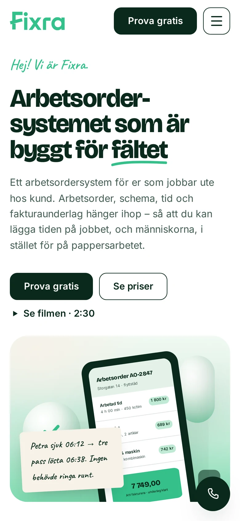 Fixras startsida i mobilvy