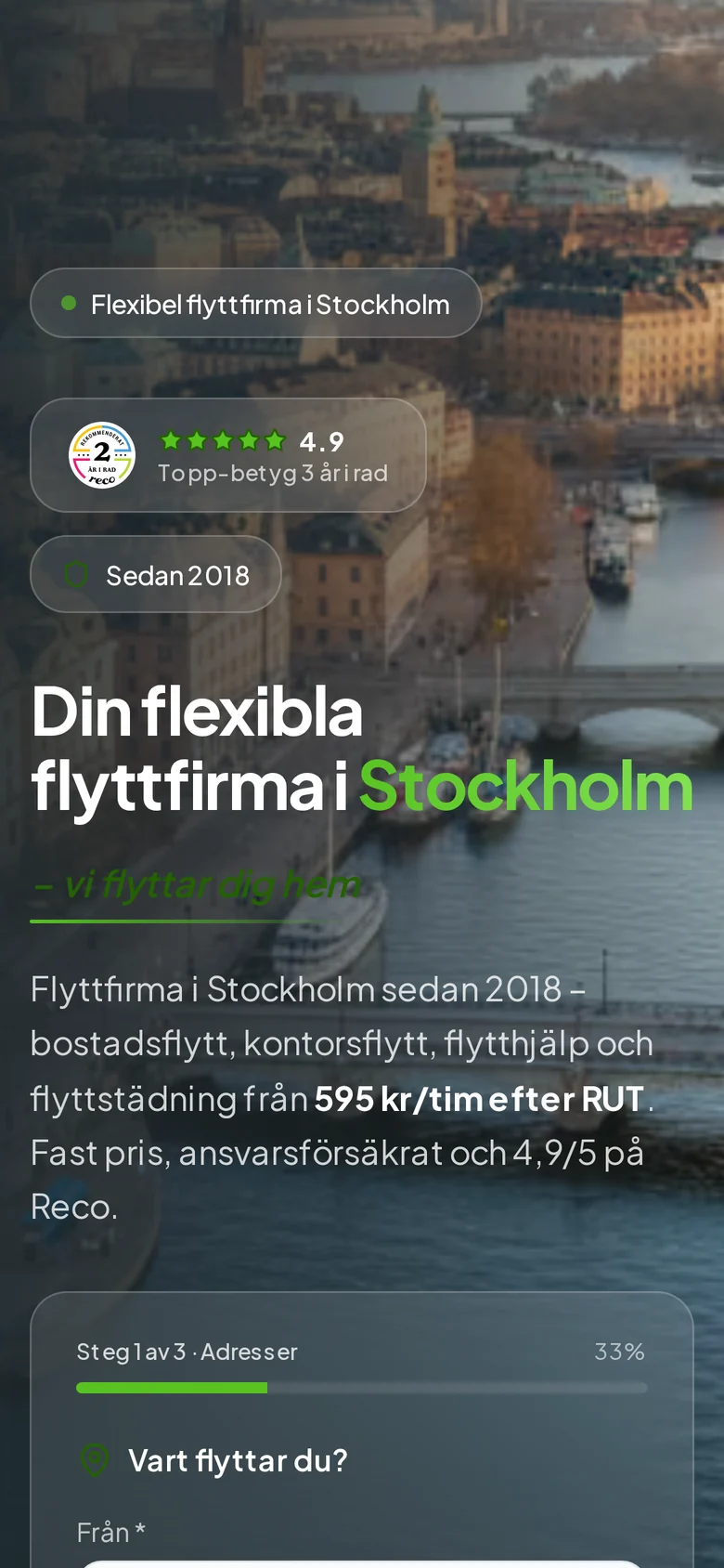 Flexflytts startsida i mobilvy