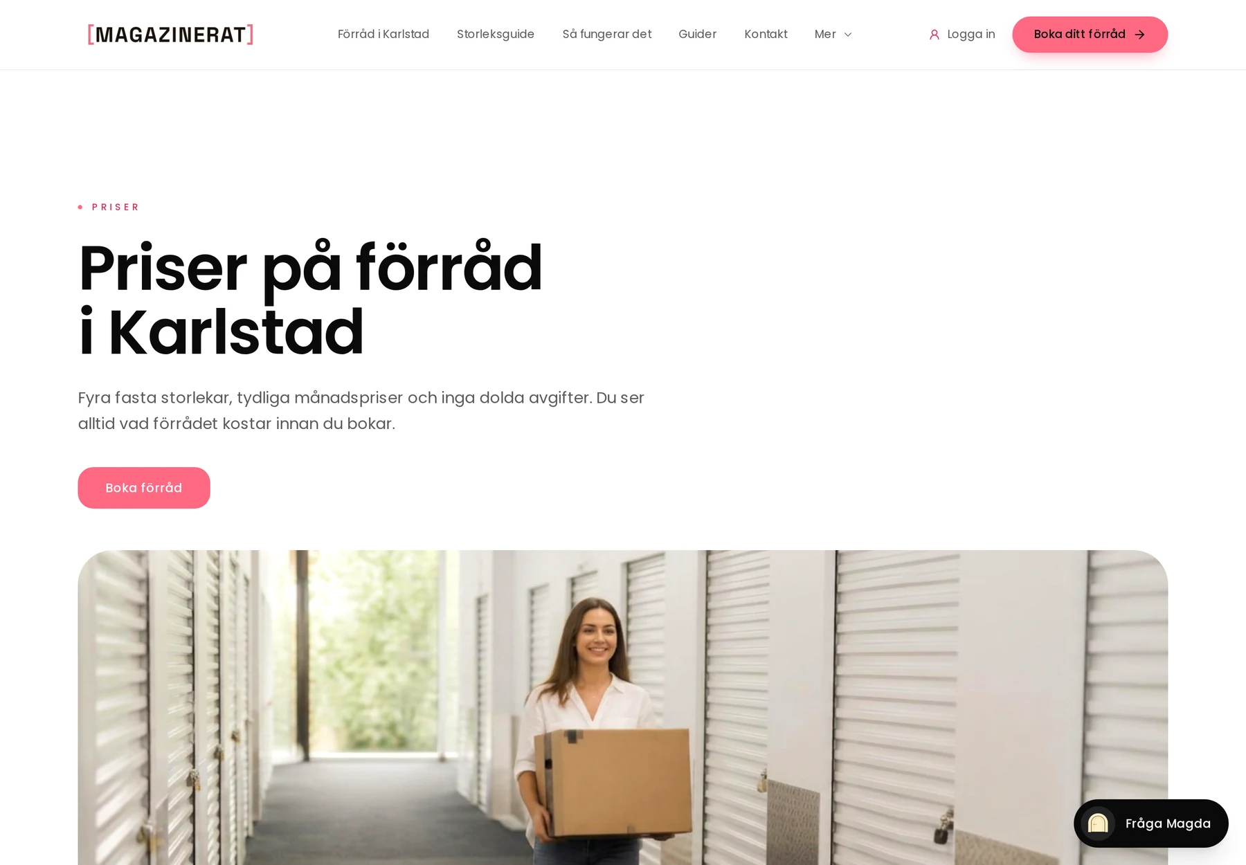 Magazinerats prissida med förrådsstorlekar och månadspris