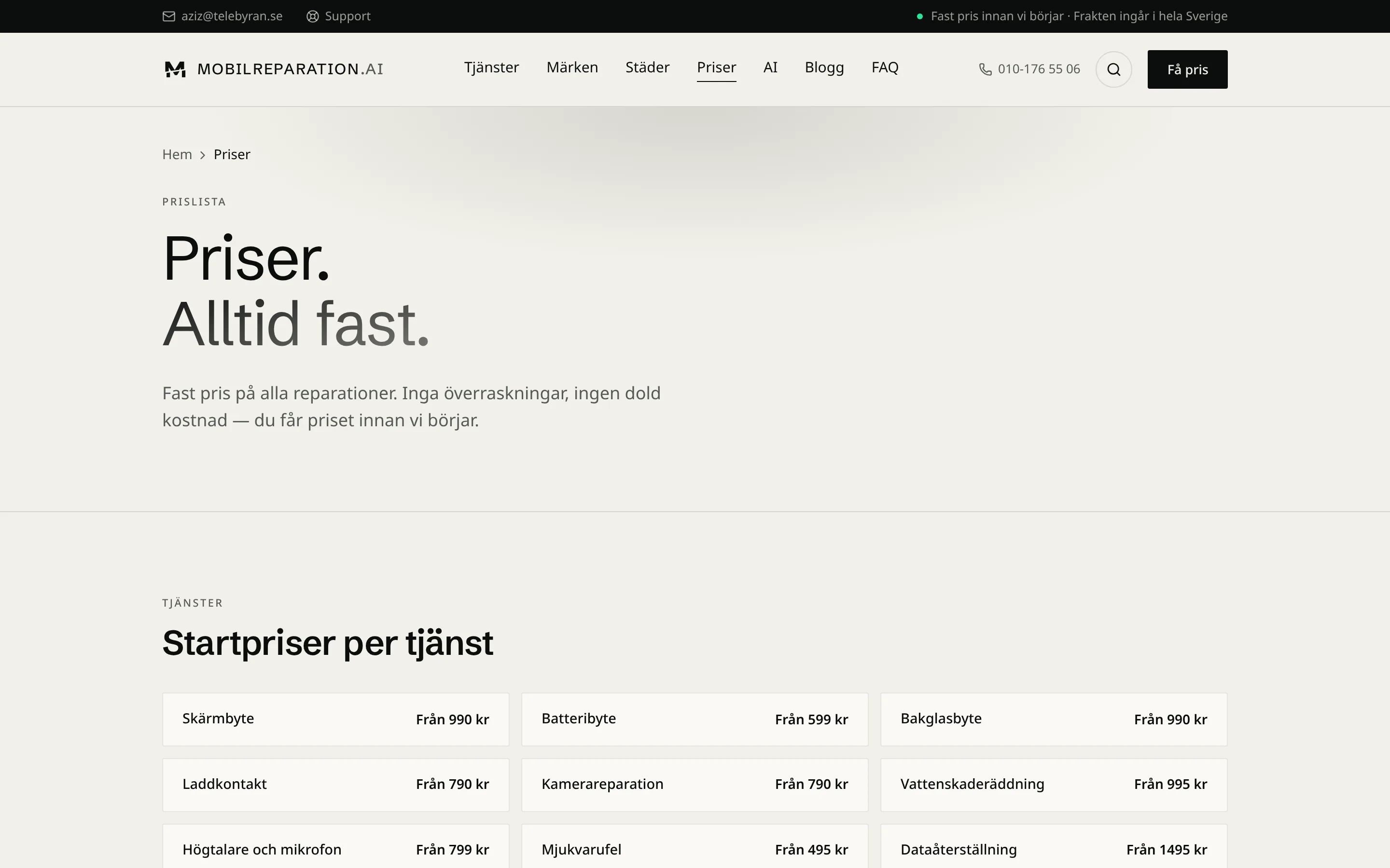 Mobilreparation.ai prislista med startpriser per tjänst