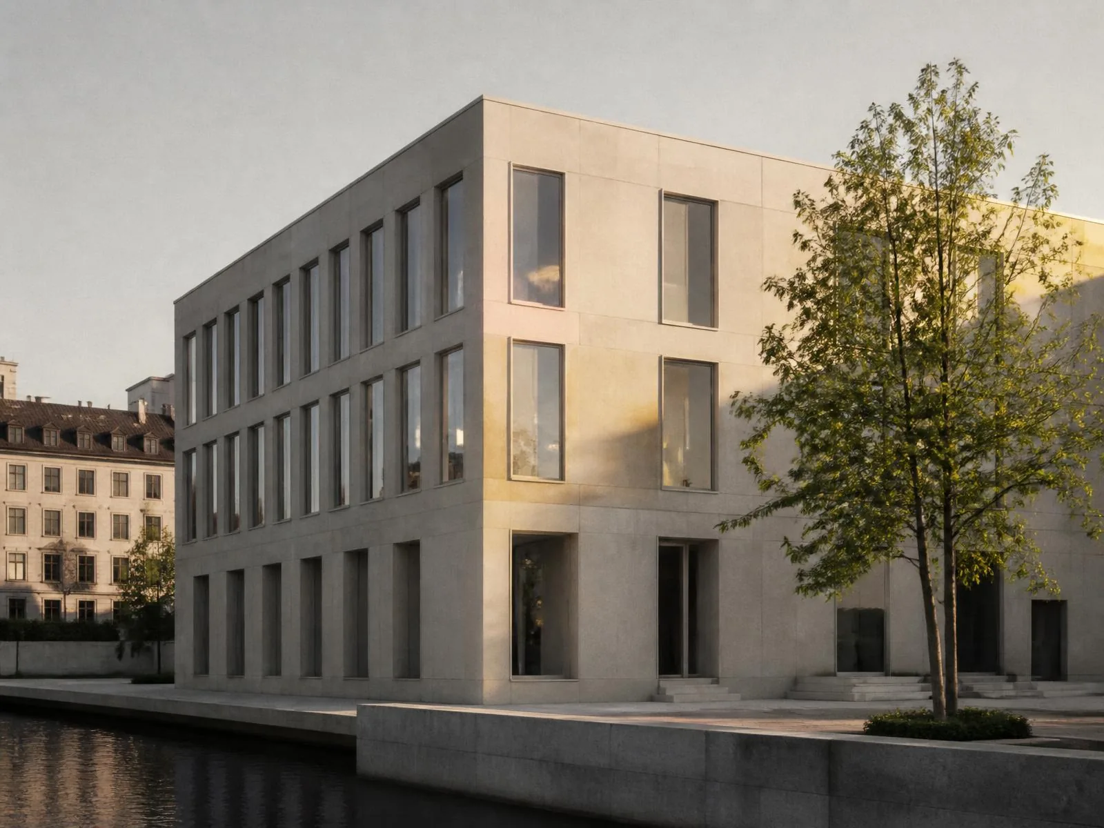 Arkitektur i skandinaviskt kvällsljus.