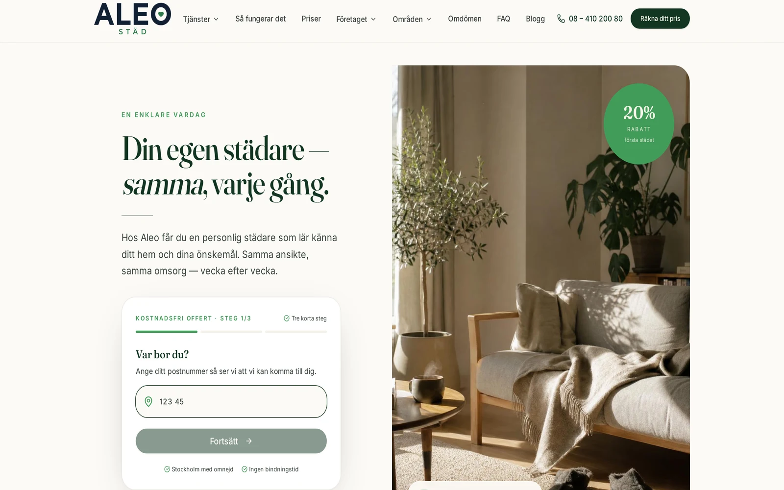 Aleo Städs startsida — offertflöde för hemstädning i Stockholm