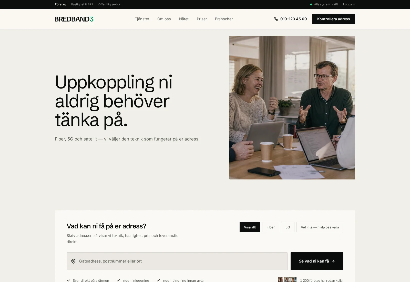 Bredband3 startsida med rubriken Uppkoppling ni aldrig behöver tänka på