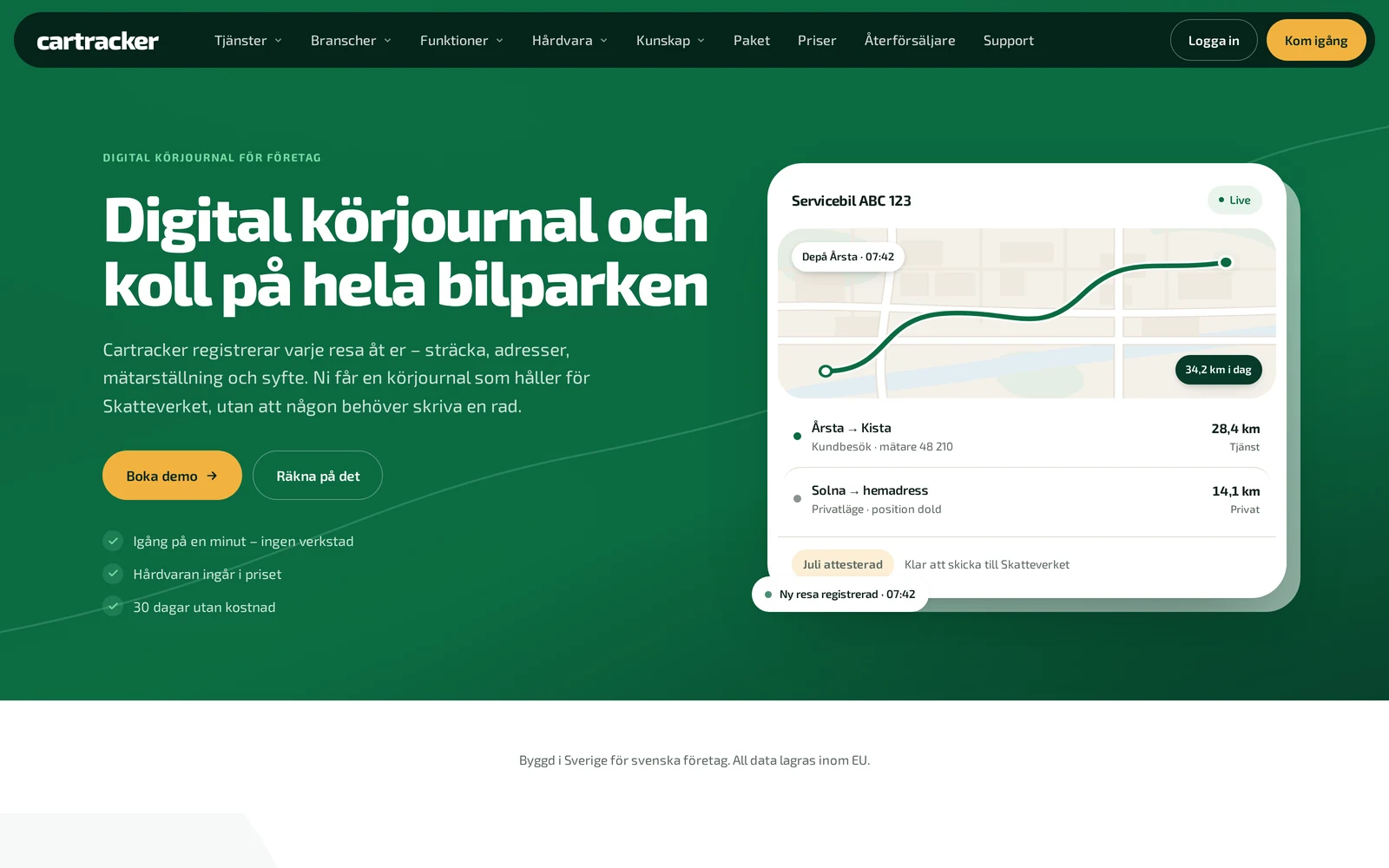 Cartrackers startsida med rubriken Digital körjournal och koll på hela bilparken
