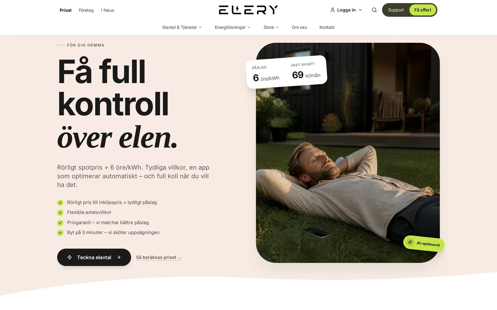 Elerys startsida med rubriken Få full kontroll över elen