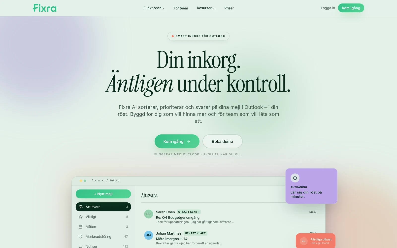 Fixra AI:s startsida med rubriken Din inkorg. Äntligen under kontroll.