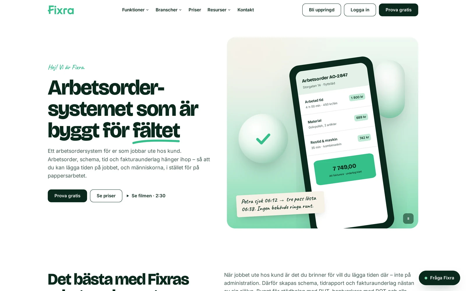 Fixras startsida med rubriken Arbetsordersystemet som är byggt för fältet