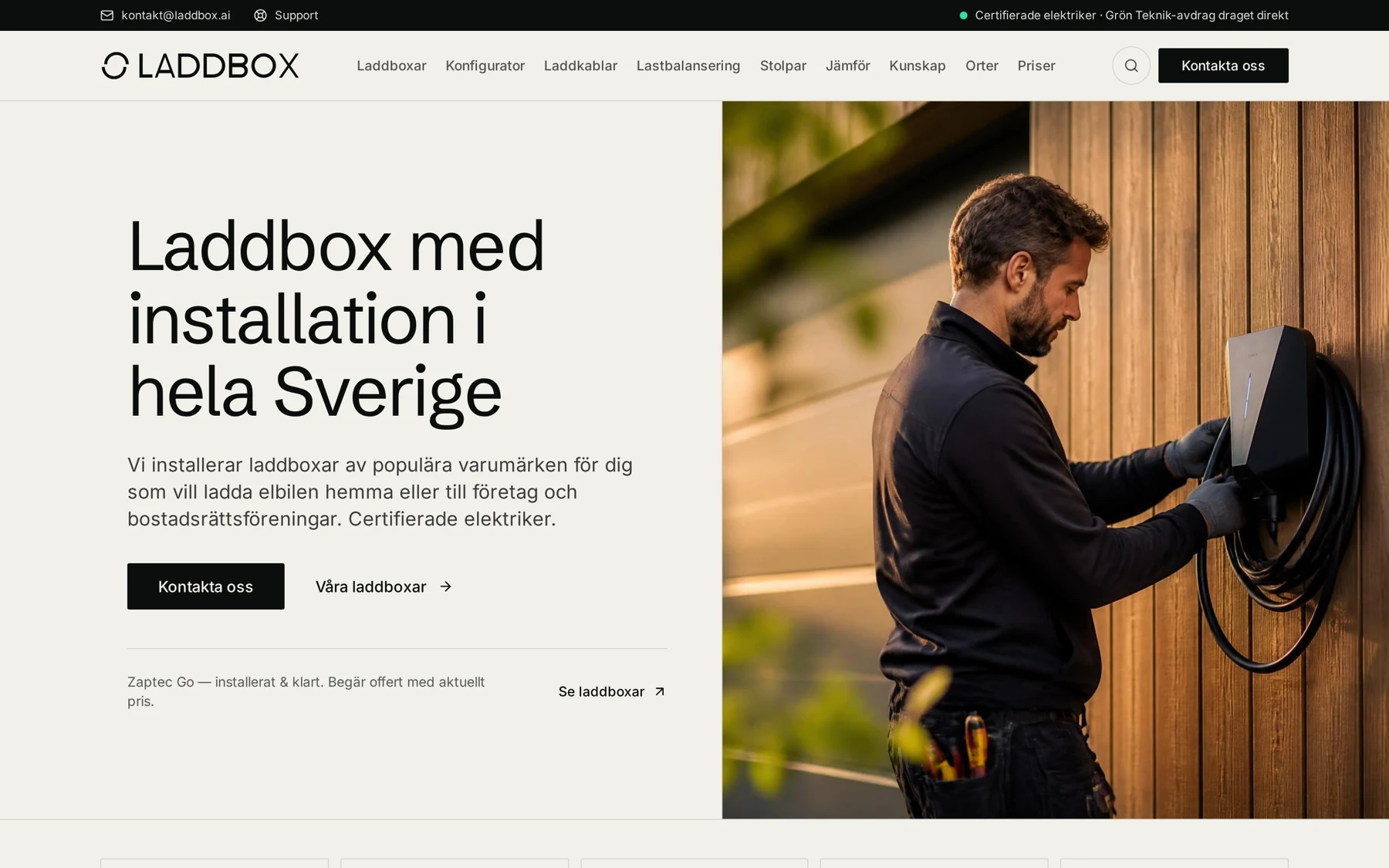 Laddbox.ai startsida med rubriken Laddbox med installation i hela Sverige