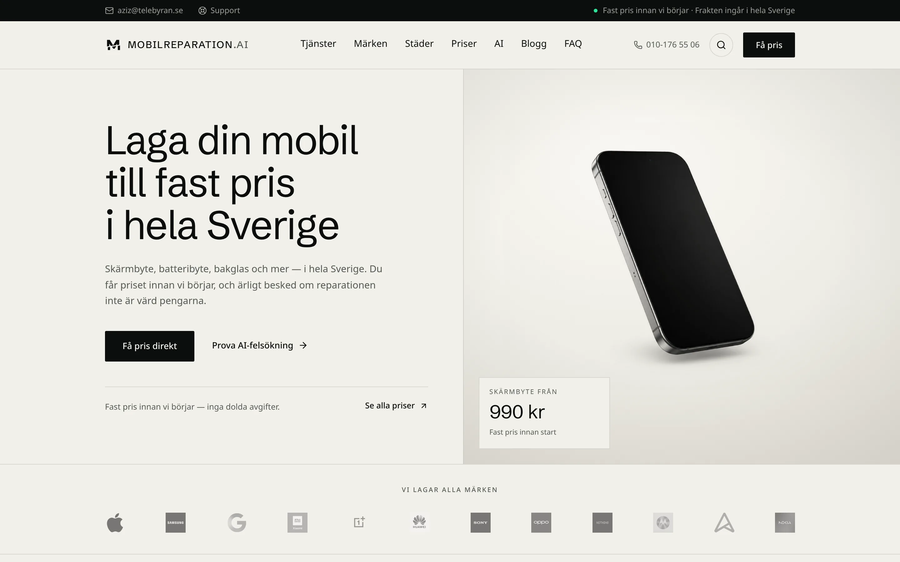 Mobilreparation.ai startsida med rubriken Laga din mobil till fast pris i hela Sverige