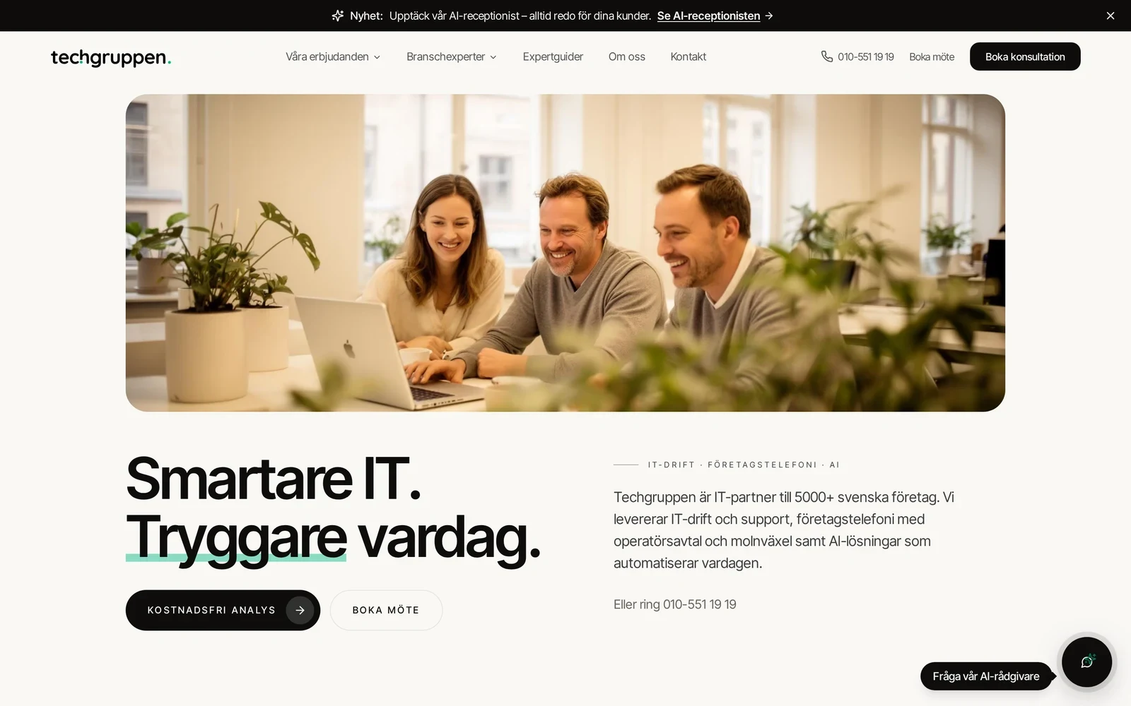 Techgruppens startsida med rubriken Smartare IT. Tryggare vardag.