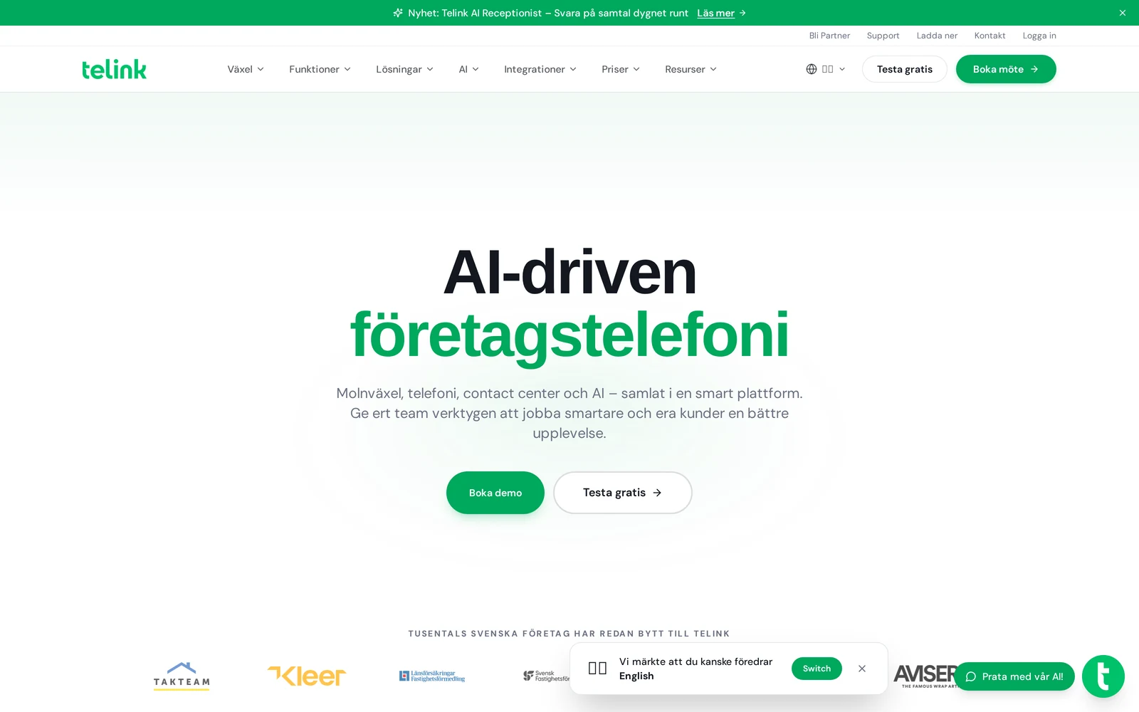 Telinks startsida med rubriken AI-driven företagstelefoni