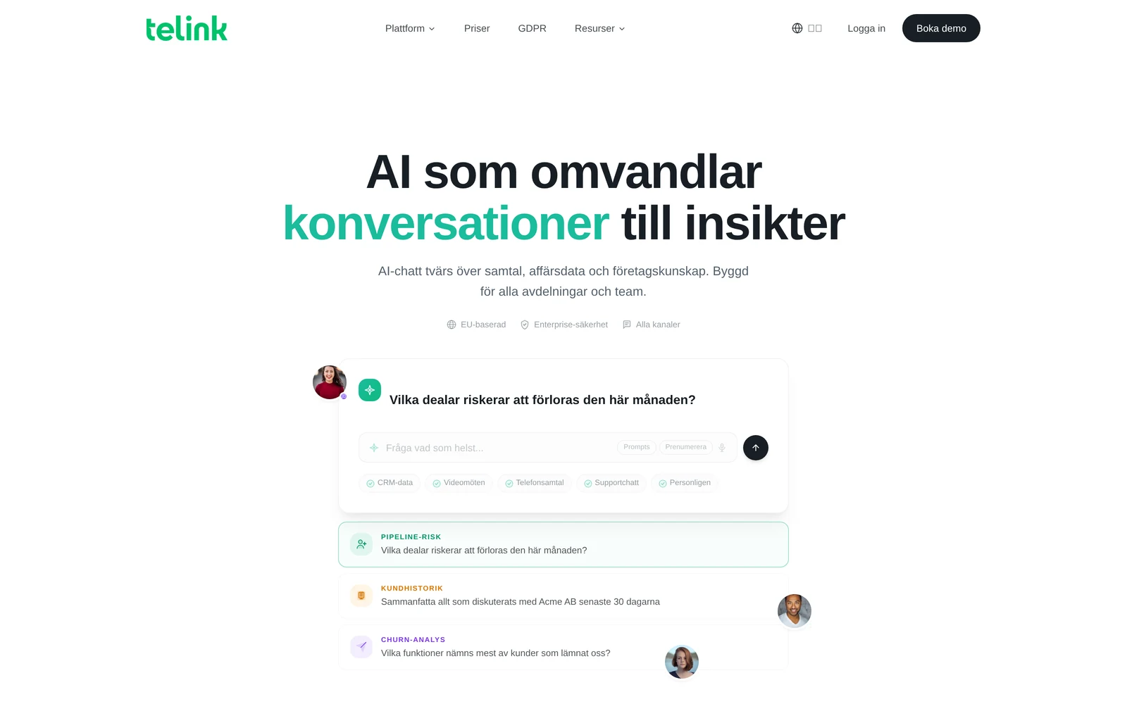 Telink AI:s startsida — AI som omvandlar konversationer till insikter