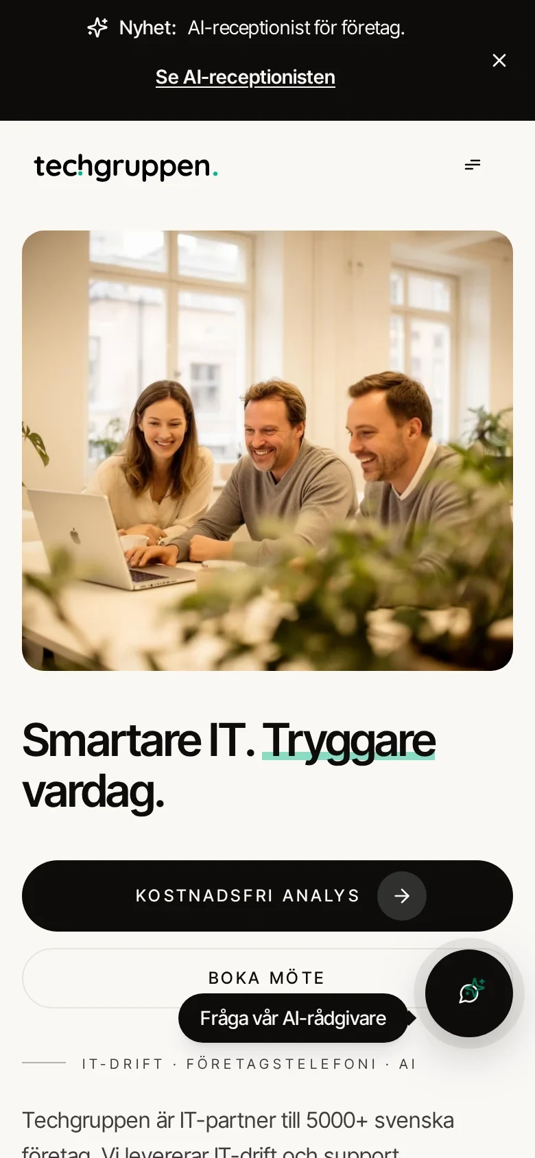 Techgruppens startsida i mobilvy