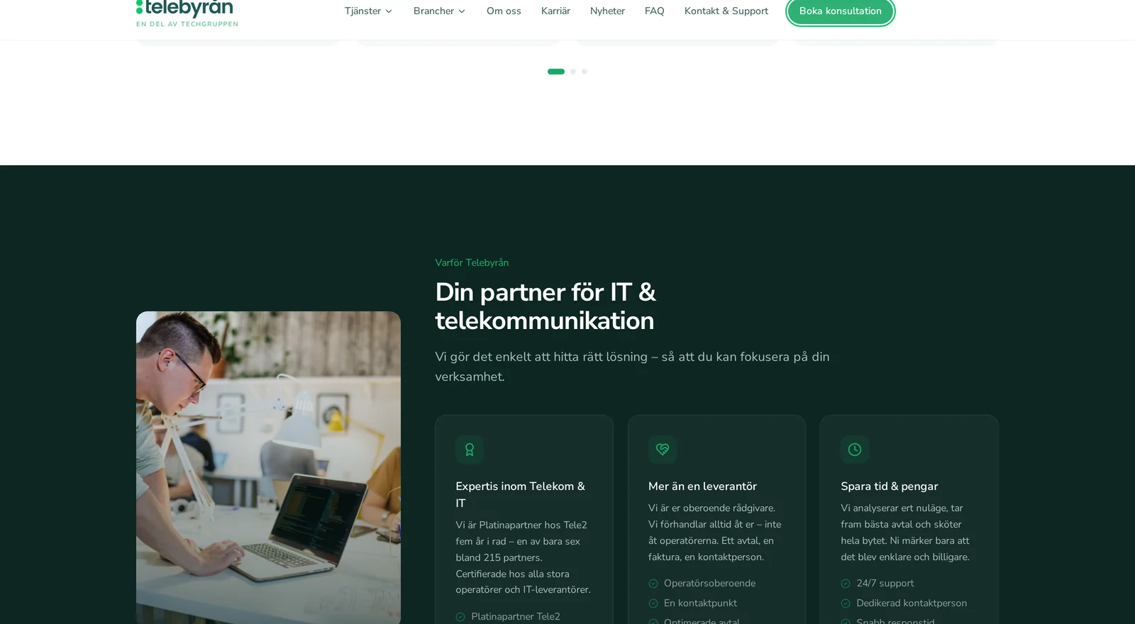Närbild på Telebyråns sektion Din partner för IT och telekommunikation