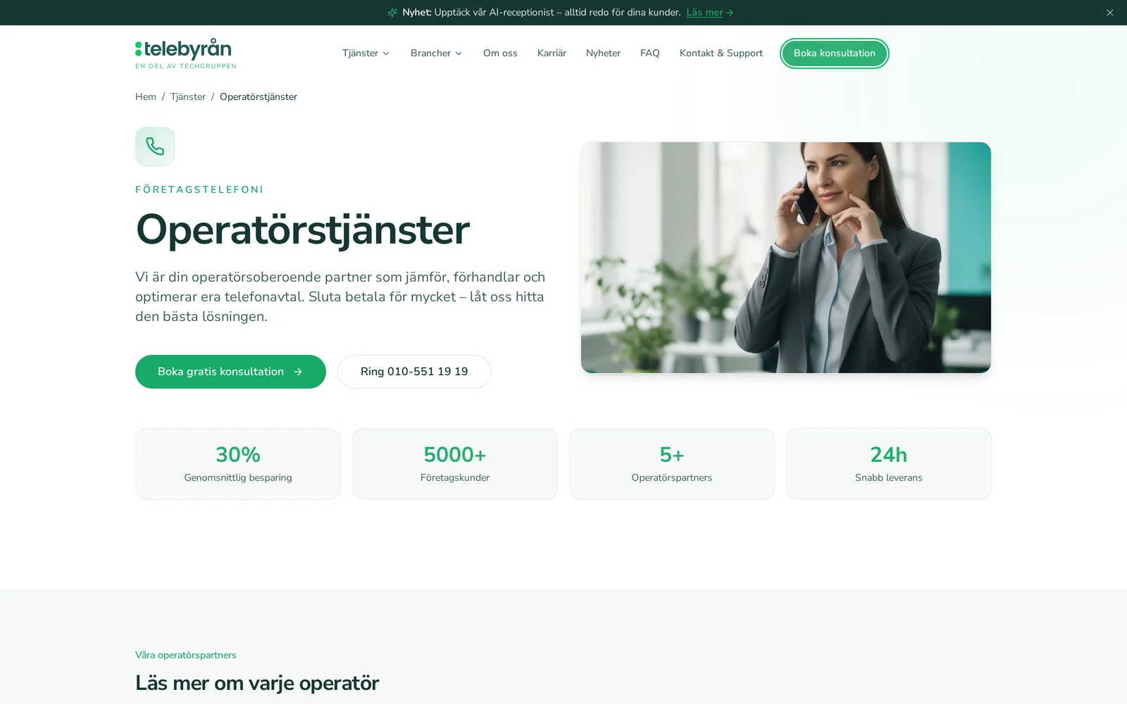 Telebyråns sida för operatörstjänster med jämförelse