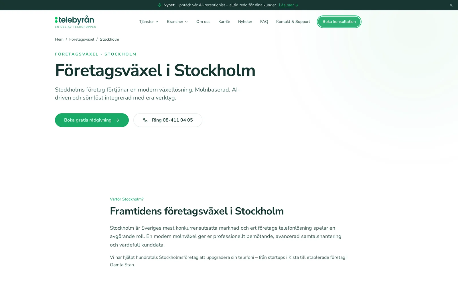 Telebyråns lokala sida för företagsväxel i Stockholm