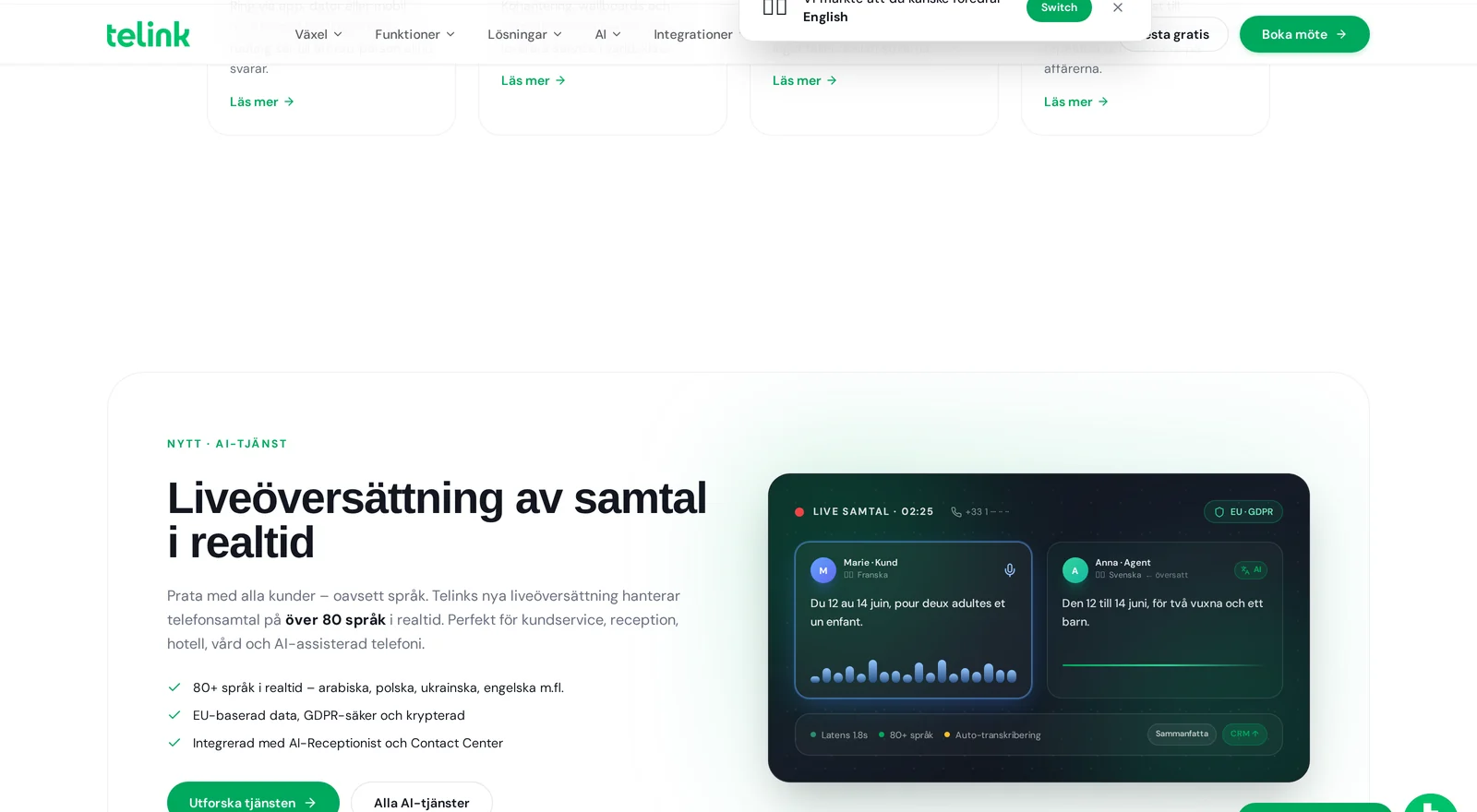Närbild på Telinks sektion om liveöversättning av samtal i realtid