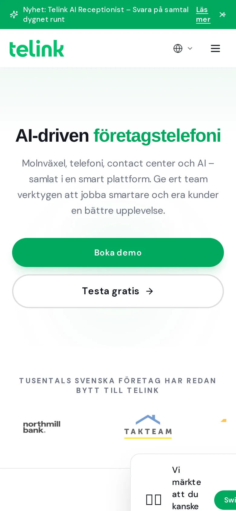 Telinks startsida i mobilvy