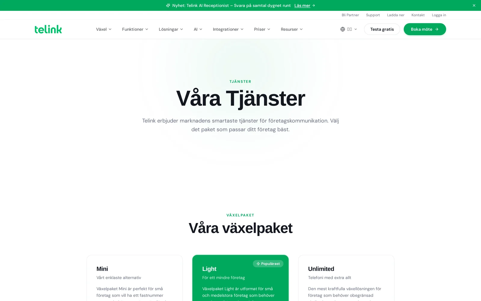 Telinks tjänstesida med växelpaket och prisnivåer