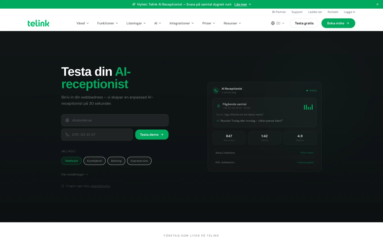 Telinks produktsida för AI-receptionist