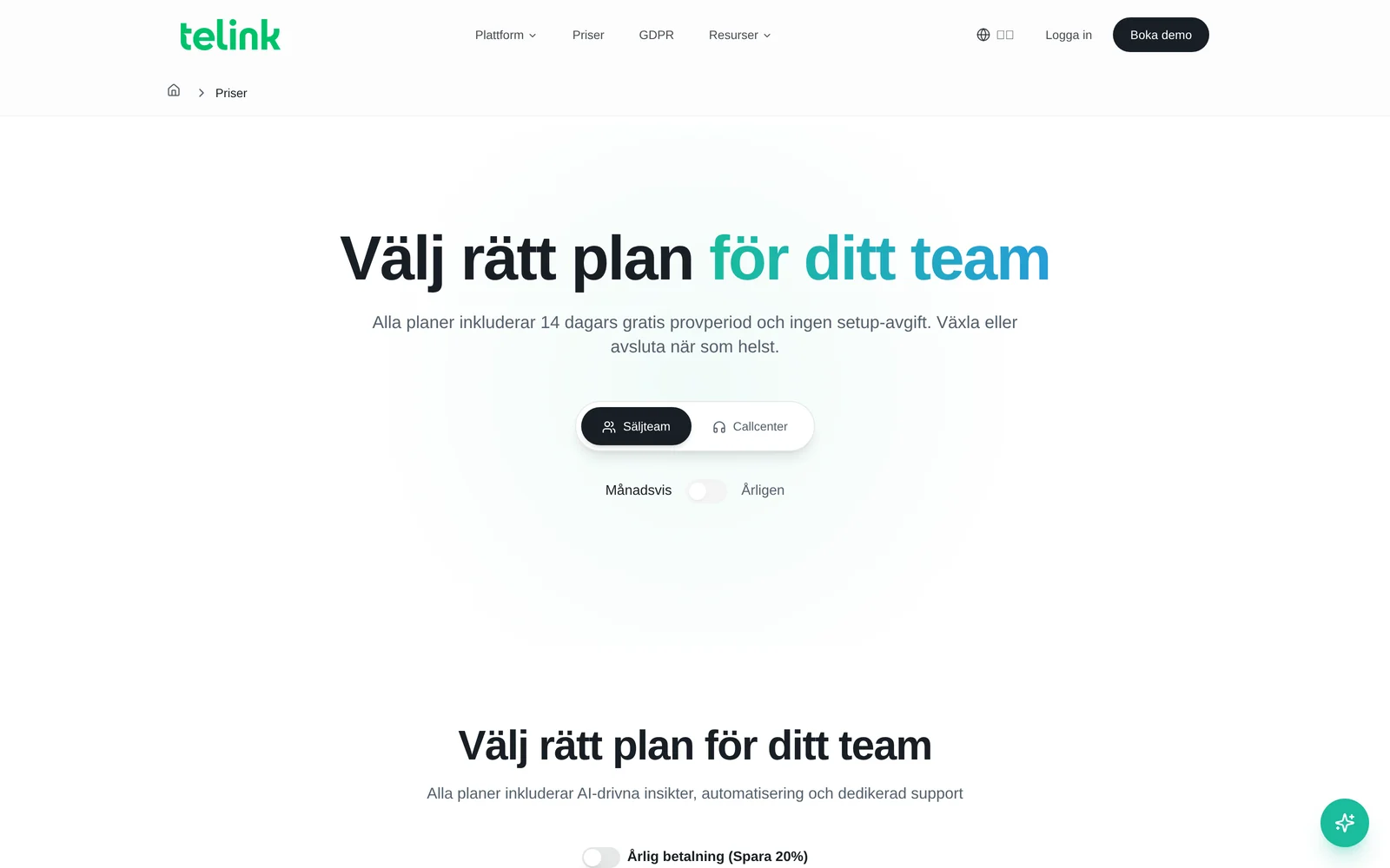 Telink AI:s prissida med planer per team
