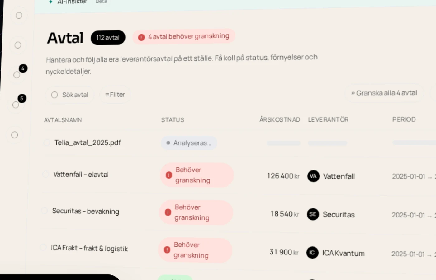 Närbild på Upphandlas portalvy med avtalslista, status och årskostnad per leverantör
