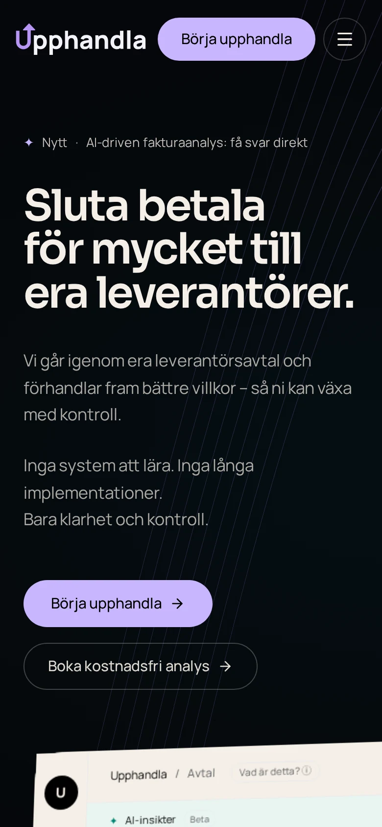 Upphandlas startsida i mobilvy
