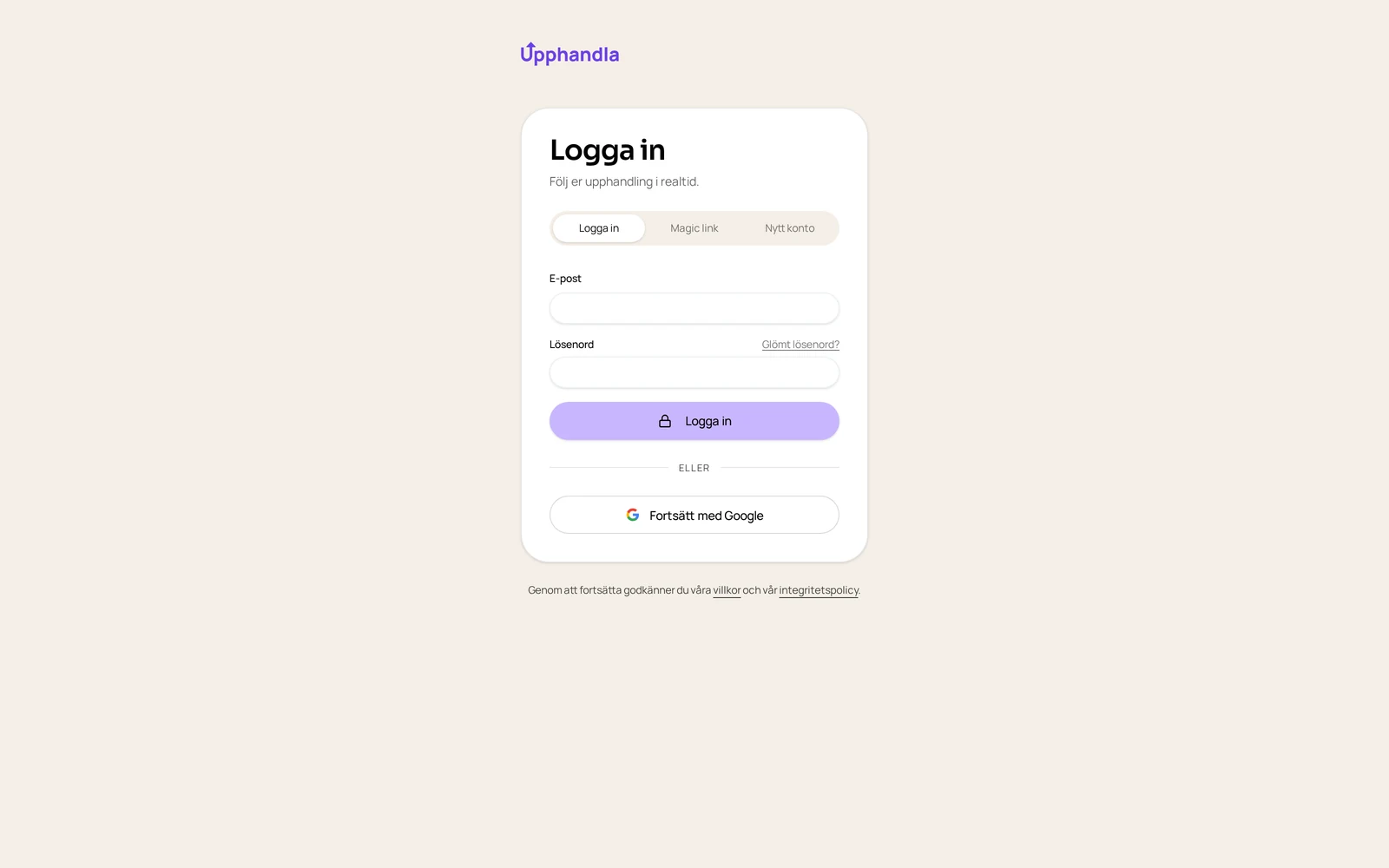 Inloggningen till Upphandlas kundportal med magic link och Google-inloggning